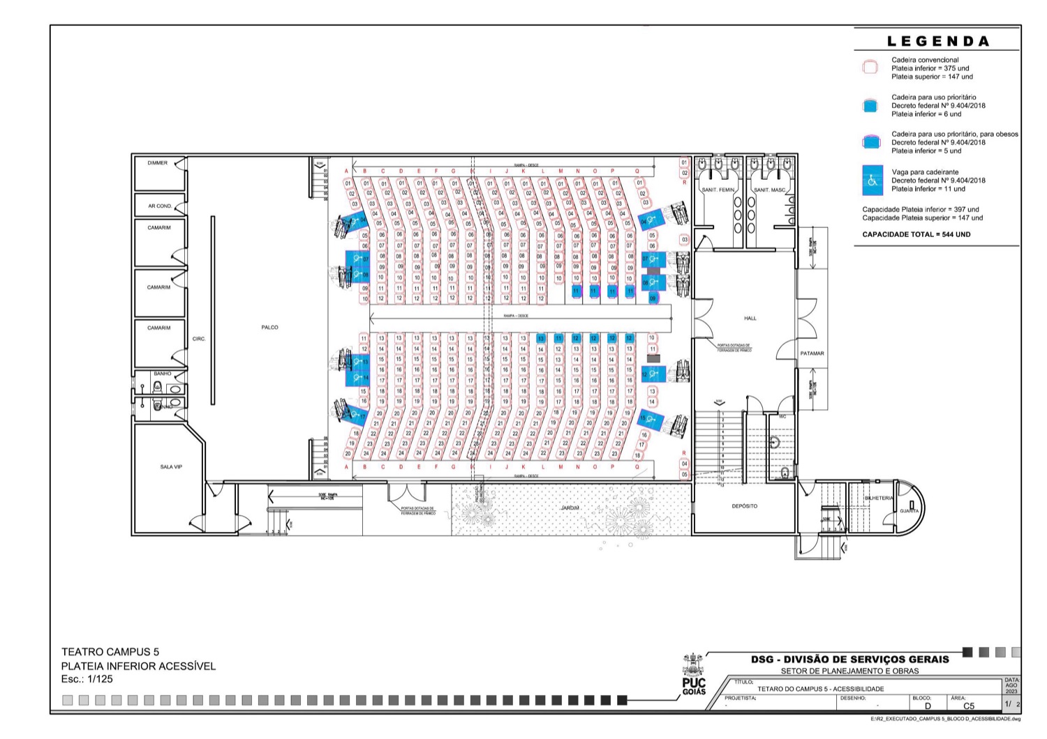 Mapa da plateia inferior do Teatro PUC Goiás, com palco e setores Experience VIP e Plateia Ouro