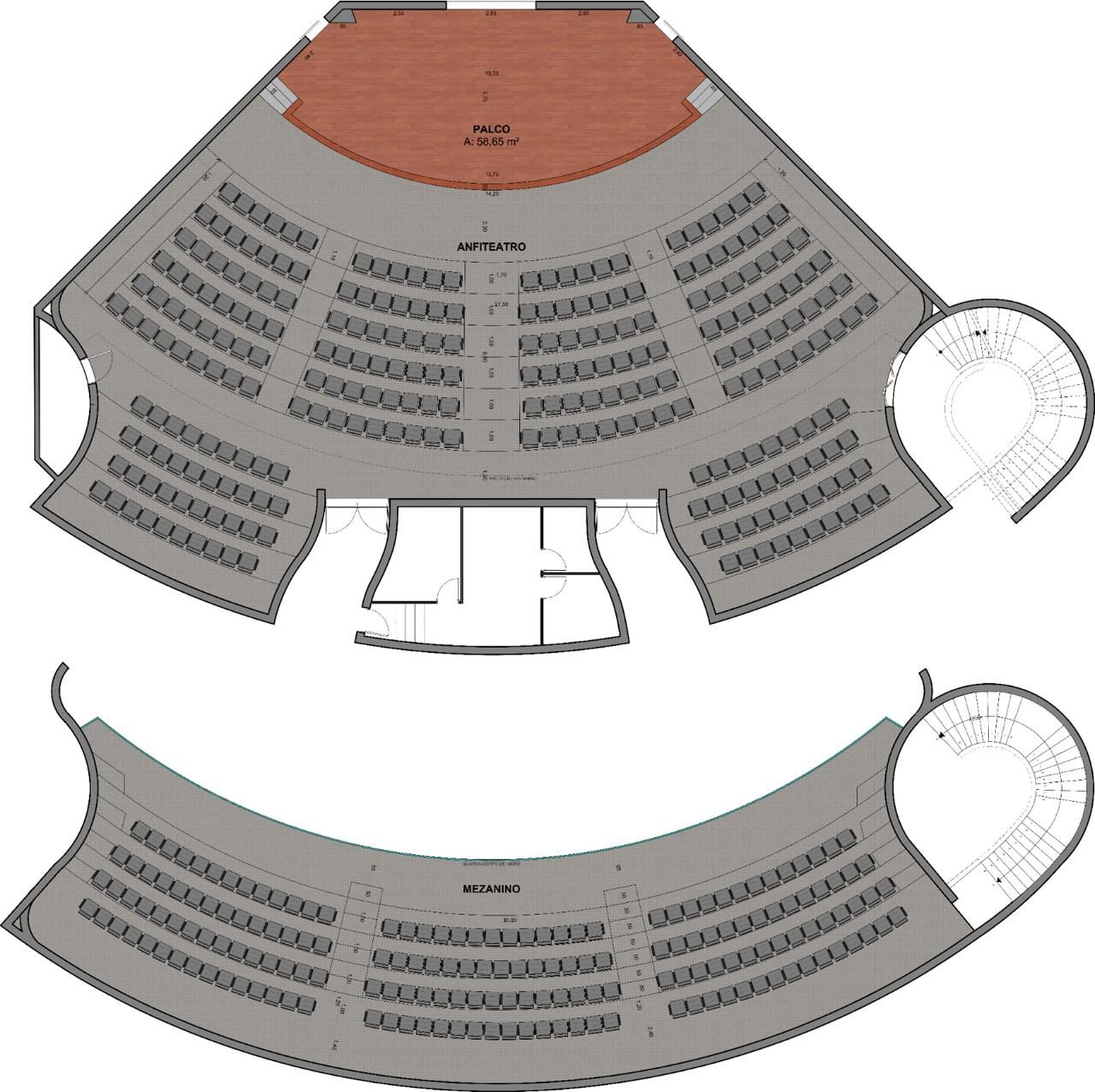 Mapa de assentos do anfiteatro CLD Uberlândia com palco, anfiteatro e mezanino superior